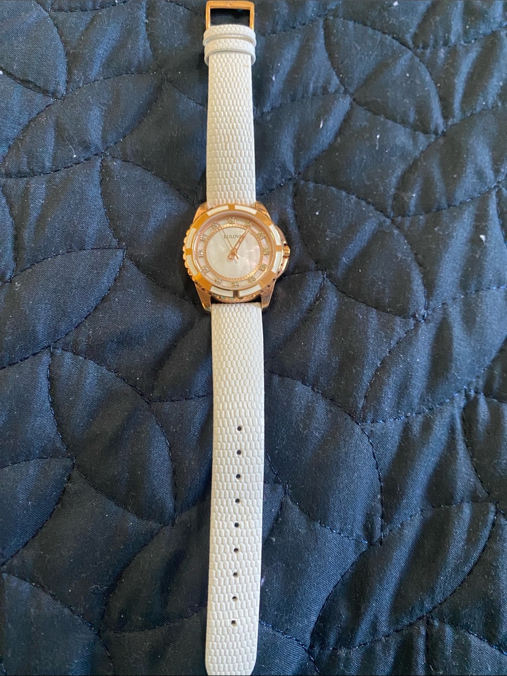 Women's Bulova White Textured Strap Watch with Rose Gold Dial